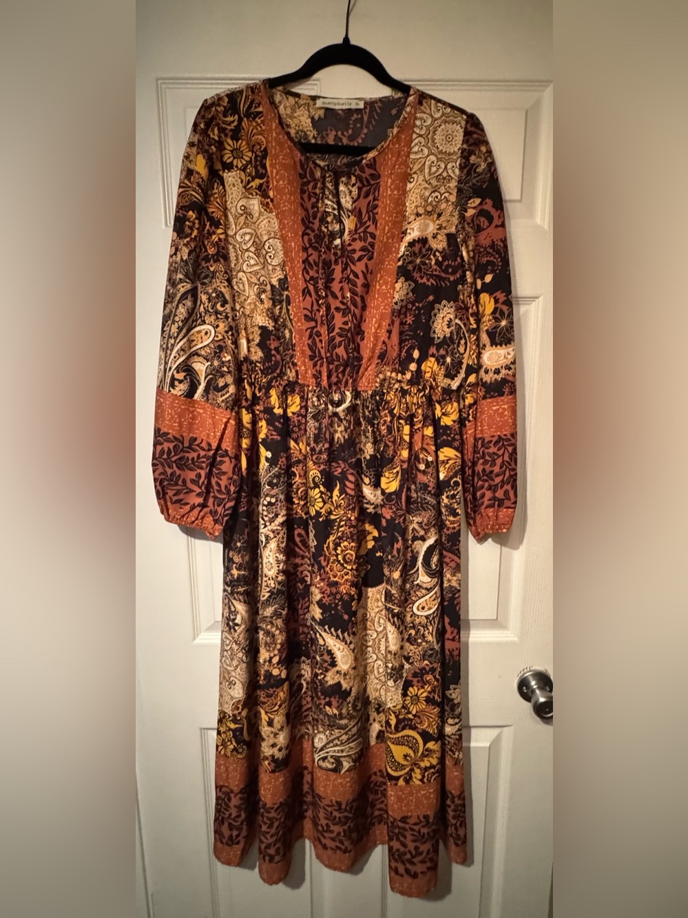 Rusty Dusty Sz XL Boho Paisley Patchwork Long Sleeve Maxi Dress in Rust & Black